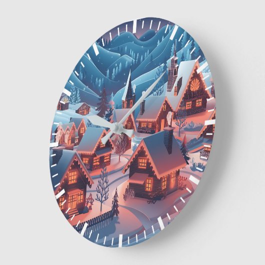 雪に覆われた家にクリスマスライトが灯る ラージ壁時計 (傾斜)