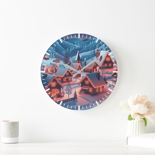 雪に覆われた家にクリスマスライトが灯る ラージ壁時計 (ホーム)