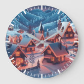 雪に覆われた家にクリスマスライトが灯る ラージ壁時計 (正面)