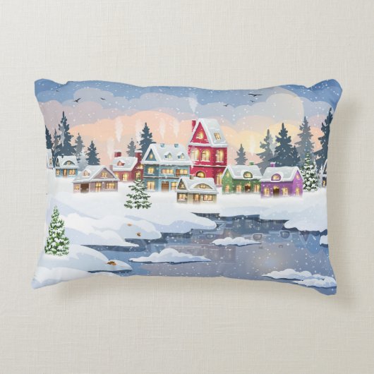 雪に覆われた家のある冬のクリスマスの風景 アクセントクッション (裏面)