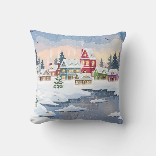 雪に覆われた家のある冬のクリスマスの風景 クッション (正面)