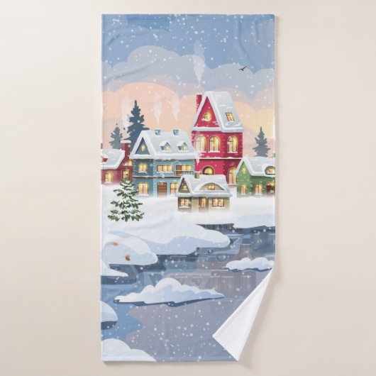 雪に覆われた家のある冬のクリスマスの風景 バスタオル (バスタオル)