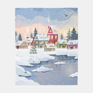 雪に覆われた家のある冬のクリスマスの風景 フリースブランケット