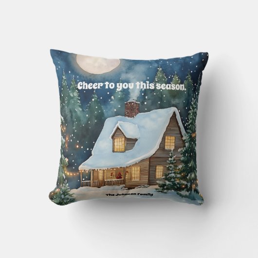 雪に覆われた居心地の良いクリスマスコテージ クッション (正面)