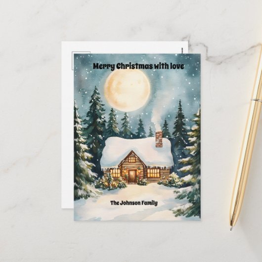 雪に覆われた居心地の良いクリスマスコテージ シーズンポストカード (正面/裏面インサイチュ)