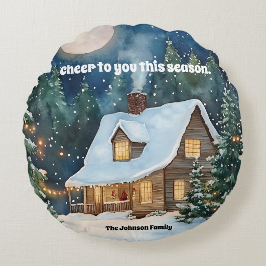 雪に覆われた居心地の良いクリスマスコテージ ラウンドクッション (正面)