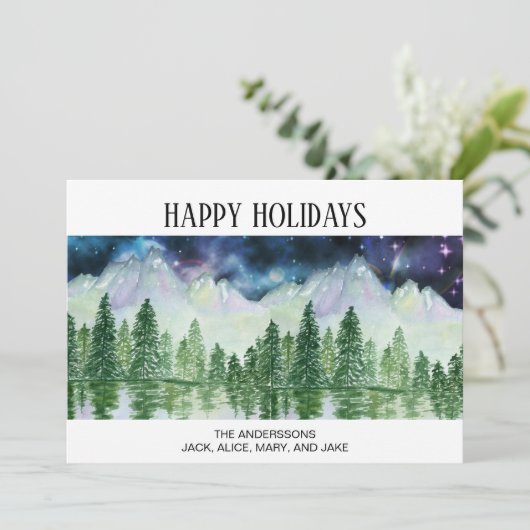 雪に覆われた山々と松の木 湖 夜の時間 シーズンカード (スタンド正面)