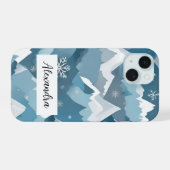 雪に覆われた山々と重なる雪の結晶 冬 iPhone 15ケース (裏面横)