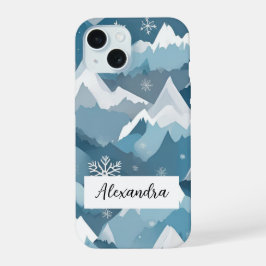 雪に覆われた山々と重なる雪の結晶 冬 iPhone 15ケース