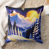 雪に覆われた山々のある冬の夜の風景 クッション (ブランケット)