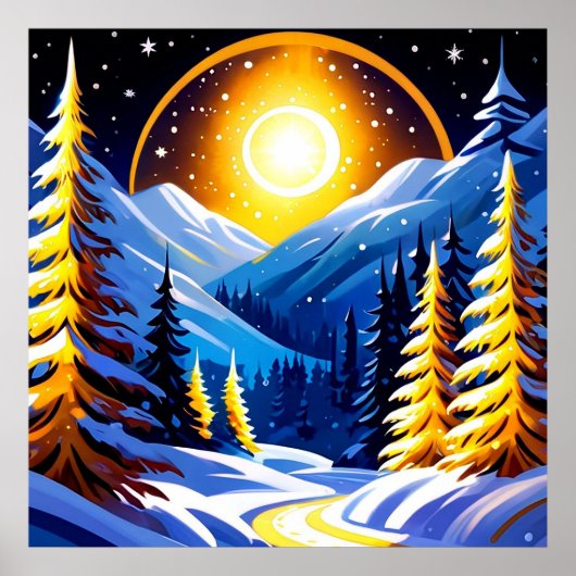 雪に覆われた山々のある冬の夜の風景 ポスター (正面)