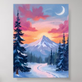 雪に覆われた山頂の夕焼け | 冬の風景画 ポスター (正面)