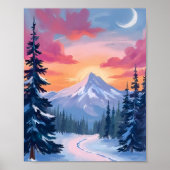雪に覆われた山頂の夕焼け | 冬の風景画 ポスター (正面)