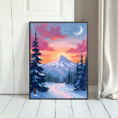雪に覆われた山頂の夕焼け | 冬の風景画 ポスター