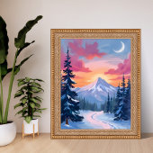 雪に覆われた山頂の夕焼け | 冬の風景画 ポスター