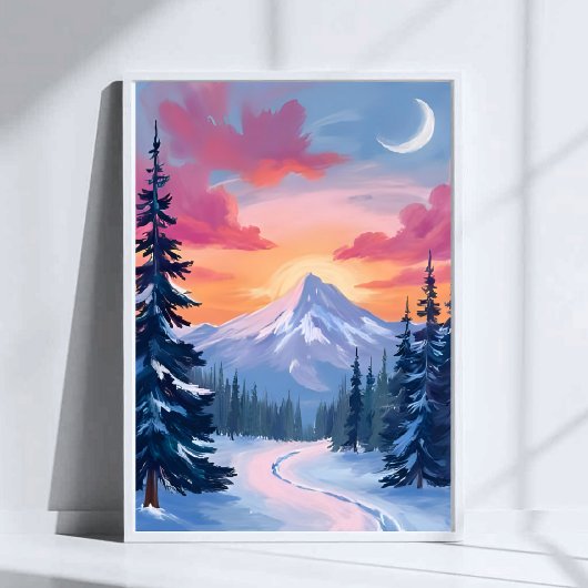 雪に覆われた山頂の夕焼け | 冬の風景画 ポスター