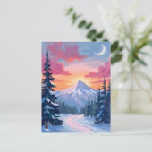 雪に覆われた山頂の夕焼け | 冬の風景画 ポストカード (スタンド正面)