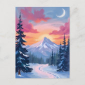 雪に覆われた山頂の夕焼け | 冬の風景画 ポストカード (正面)