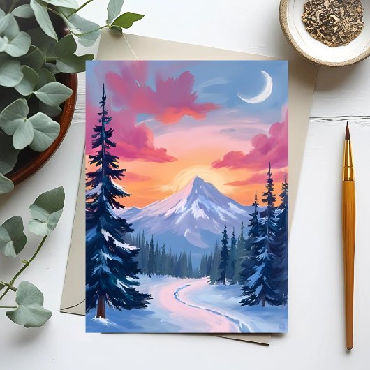 雪に覆われた山頂の夕焼け | 冬の風景画 ポストカード