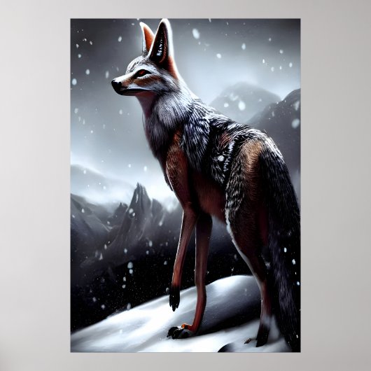 雪に覆われた山AIアートの黒い裏地ジャッカル ポスター (正面)