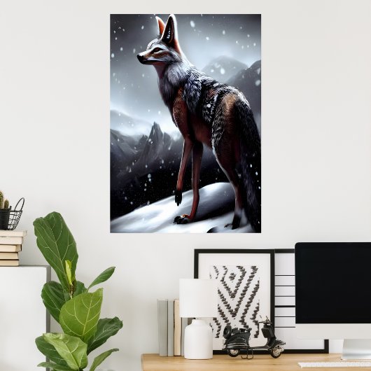 雪に覆われた山AIアートの黒い裏地ジャッカル ポスター (ホームオフィス)