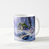 雪に覆われた幻想的な森の小屋と橋の絵 コーヒーマグカップ (正面右)