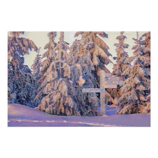 雪に覆われた木々と冬の風景の水彩画  ポスター (正面)
