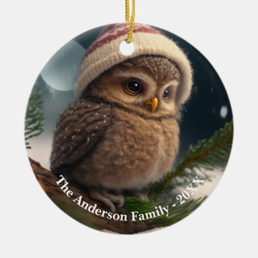 雪に覆われた木の上にかわいい小さなフクロウカスタムル セラミックオーナメント (正面)