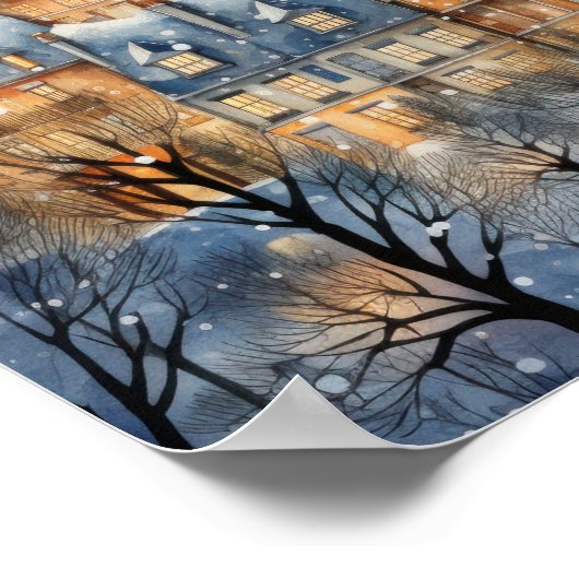 雪に覆われた村の青をテーマにしたポスター ポスター (角)