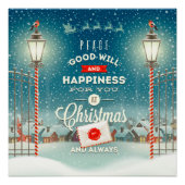 雪に覆われた村飛んでいるのクリスマスのサンタクロース ポスター (正面)