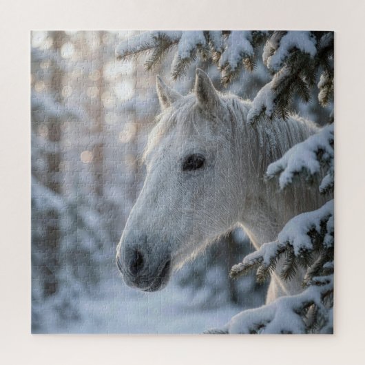 雪に覆われた松の木と白馬 ジグソーパズル (縦)