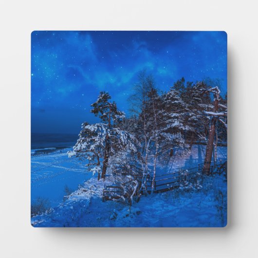 雪に覆われた松模様の夜景 フォトプラーク (正面)