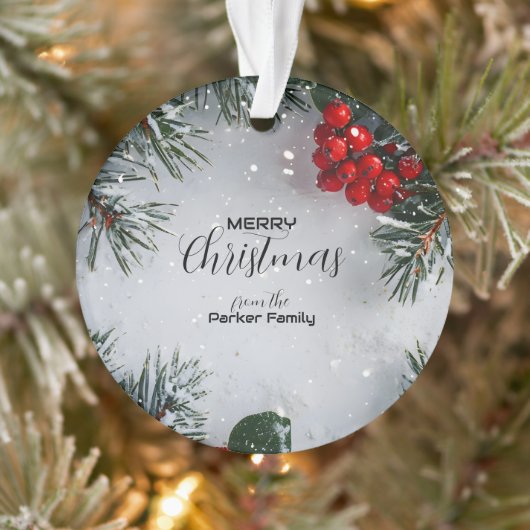 雪に覆われた松、ホリーベリー、写真なし オーナメント (ツリー)