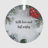 雪に覆われた松、ホリーベリー、写真なし オーナメント (裏面)