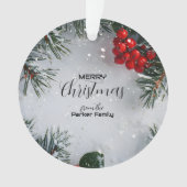 雪に覆われた松、ホリーベリー、写真なし オーナメント (正面)