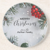 雪に覆われた松、ホリーベリー、写真なし コースター (正面)