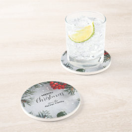 雪に覆われた松、ホリーベリー、写真なし コースター