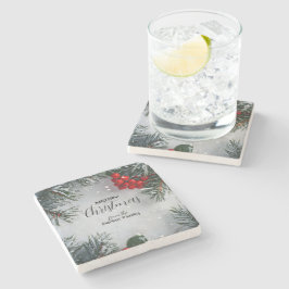 雪に覆われた松、ホリーベリー、写真なし ストーンコースター