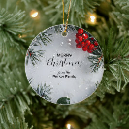 雪に覆われた松、ホリーベリー、写真なし セラミックオーナメント