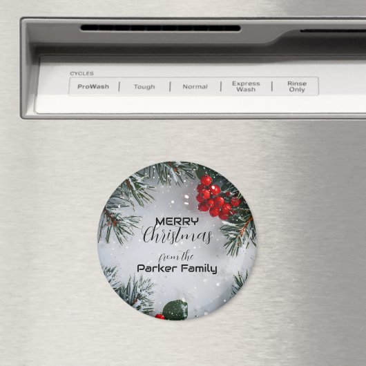 雪に覆われた松、ホリーベリー、写真なし マグネット (インサイチュ (食洗機))