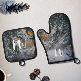 雪に覆われた松 鍋つかみ&鍋敷きセット
