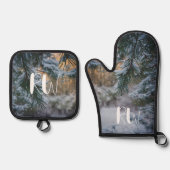 雪に覆われた松 鍋つかみ&鍋敷きセット (正面)