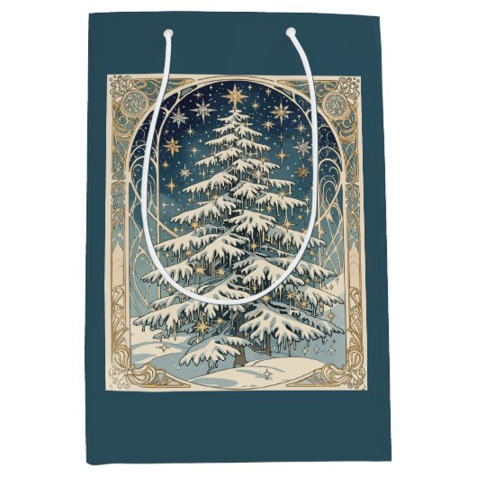 雪に覆われた枝のクリスマスのユールツリー ミディアムペーパーバッグ (正面)