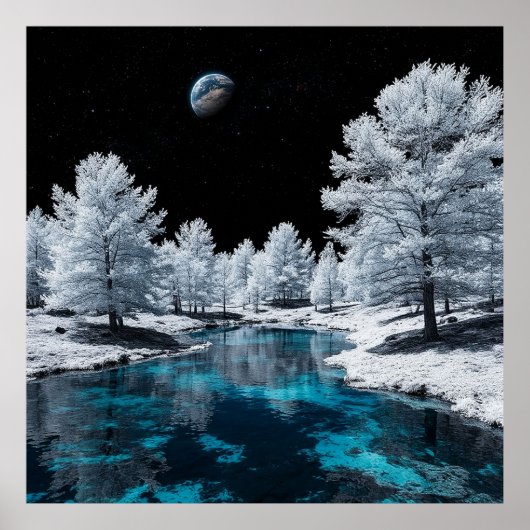 雪に覆われた森と空の下の穏やかな湖 ポスター (正面)