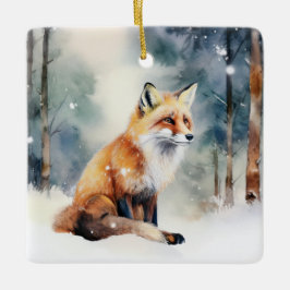 雪に覆われた森のかわいいキツネ セラミックオーナメント