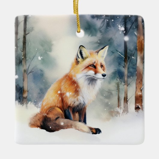 雪に覆われた森のかわいいキツネ セラミックオーナメント (正面)
