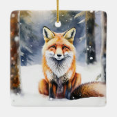 雪に覆われた森のかわいいキツネ セラミックオーナメント (裏面)