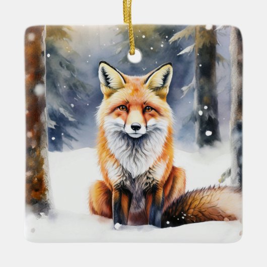雪に覆われた森のかわいいキツネ セラミックオーナメント (正面)