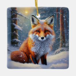 雪に覆われた森のかわいいキツネ セラミックオーナメント
