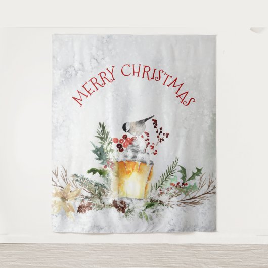 雪に覆われた森のクリスマスバードメリークリスマス タペストリー (正面)